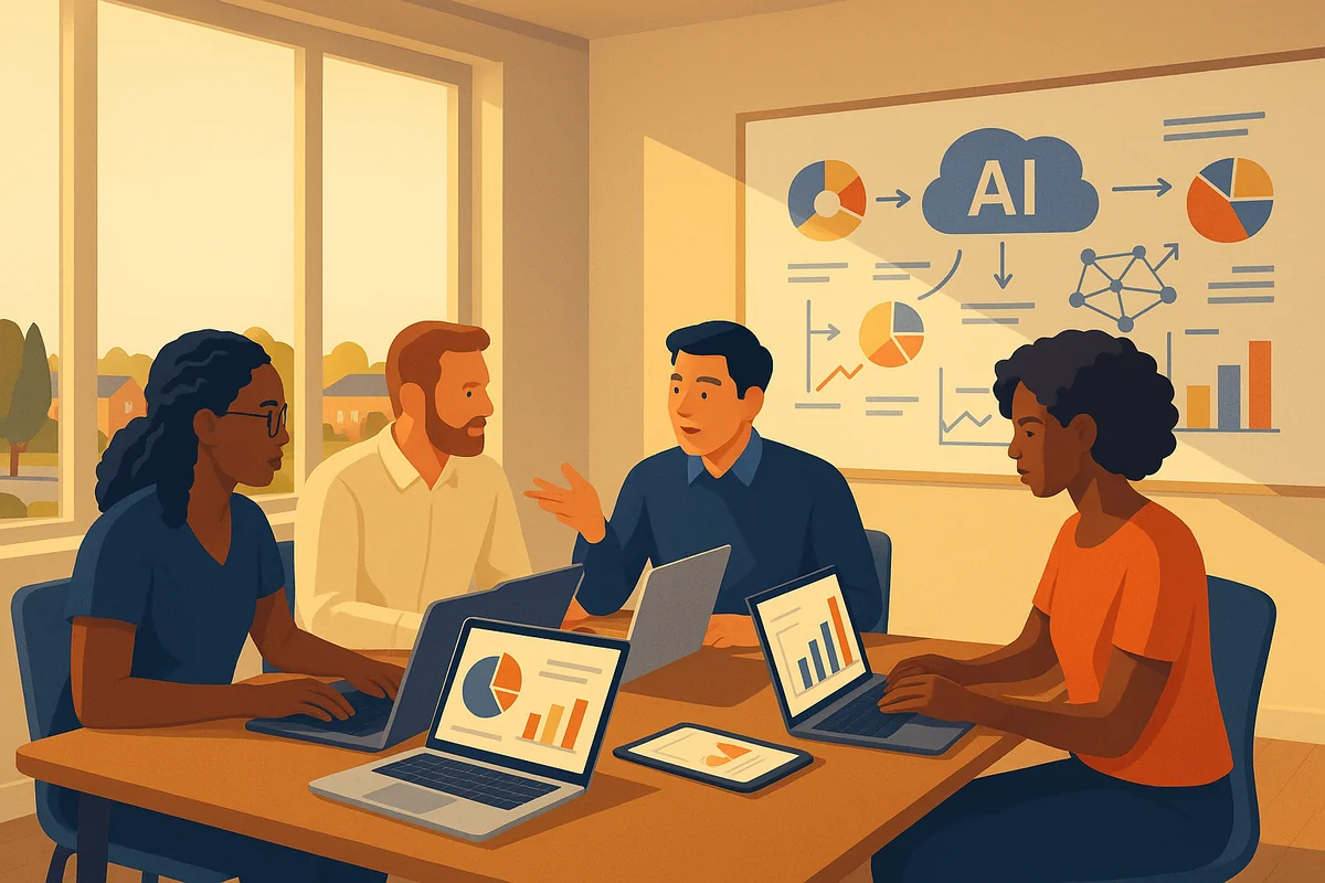 Diverse marketers collaborating in a modern office, brainstorming AI lead scoring strategies