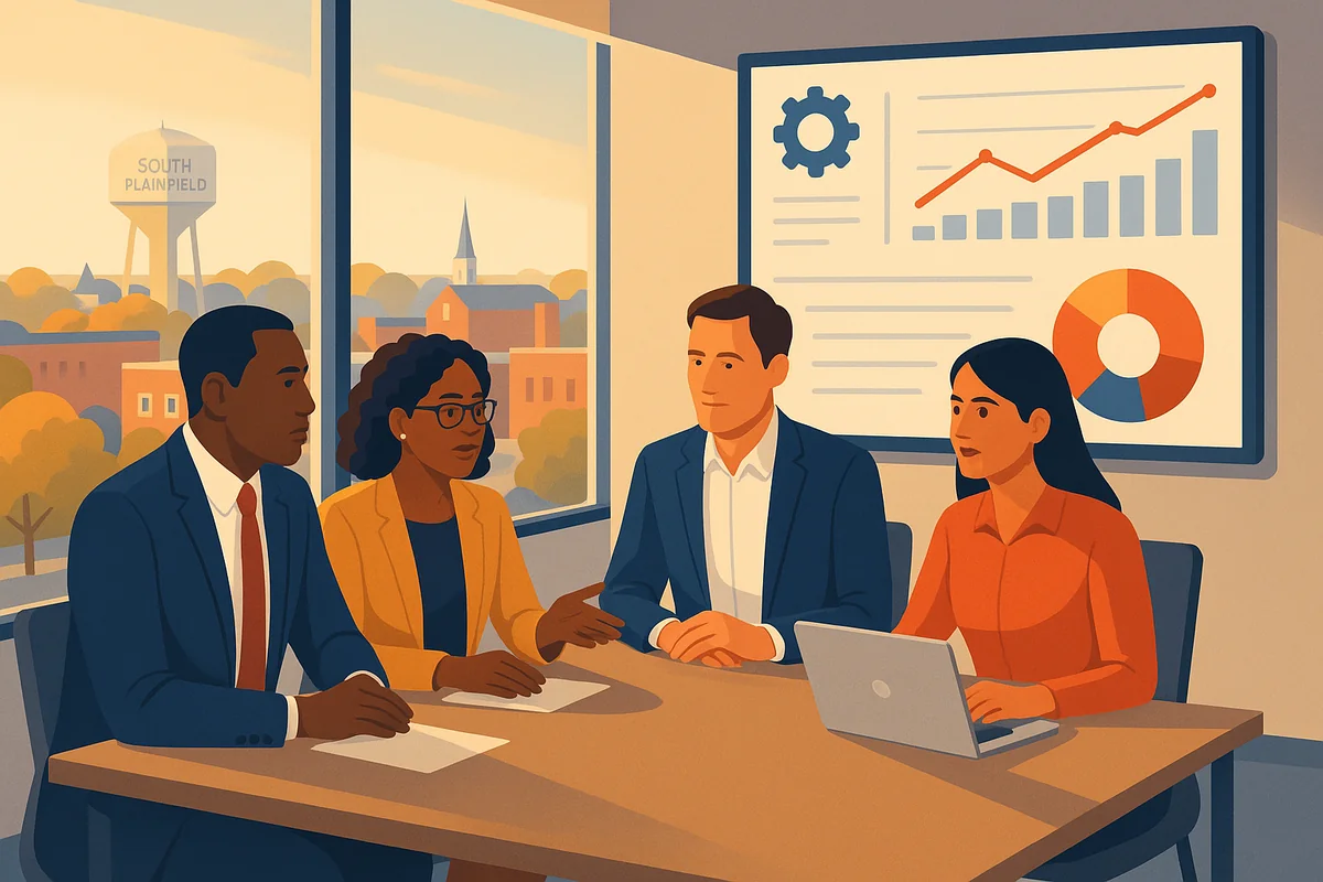 A diverse team collaborates in a modern office, discussing AI-driven marketing strategies with analytics displayed