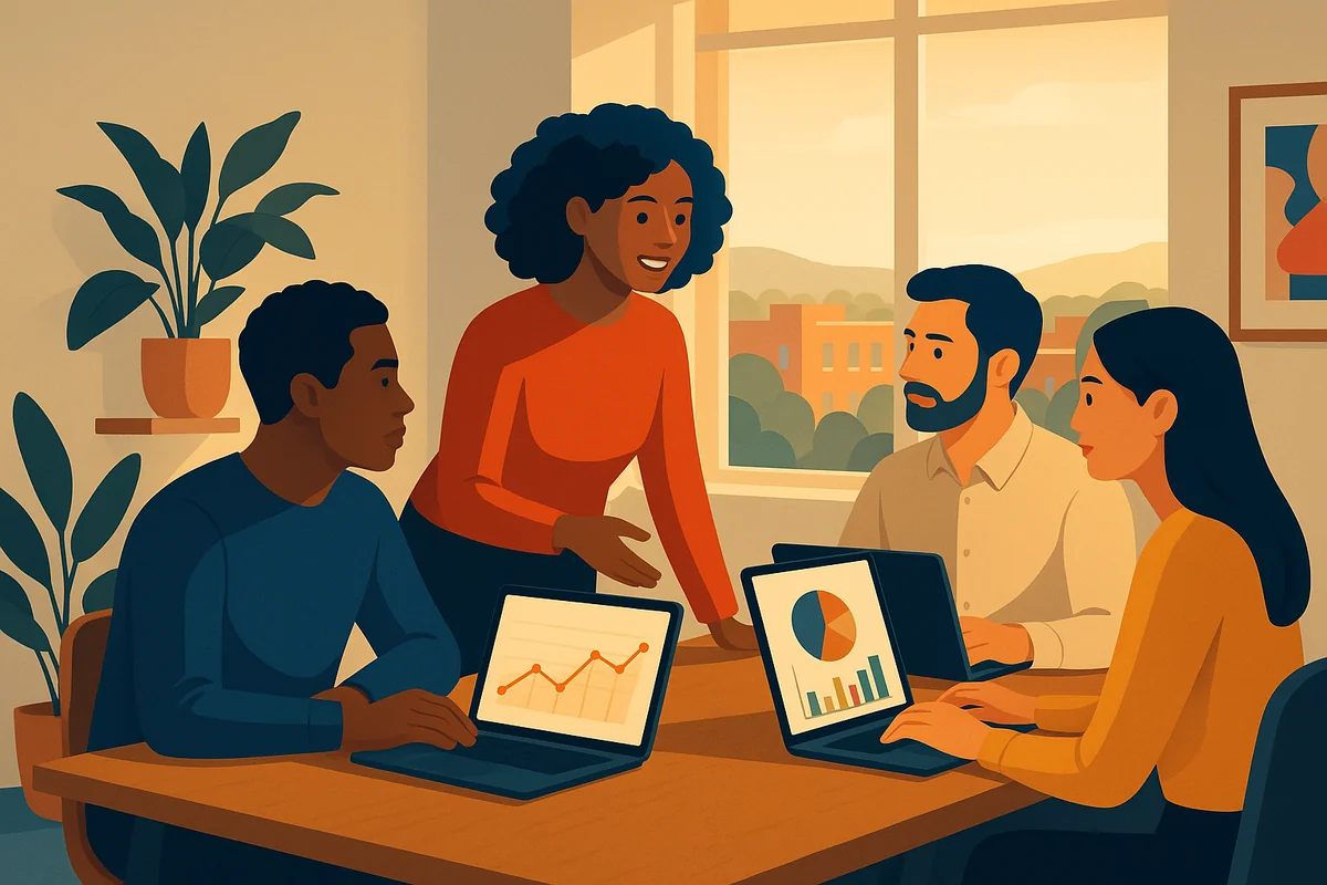 A team of young professionals collaborating in a modern office on digital marketing strategies