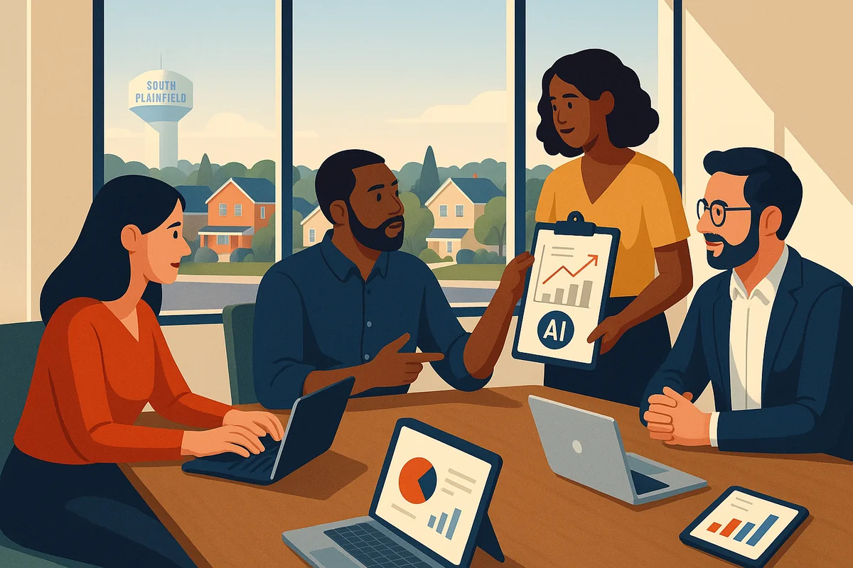 A diverse team brainstorming in a bright office, focusing on AI-driven marketing strategies