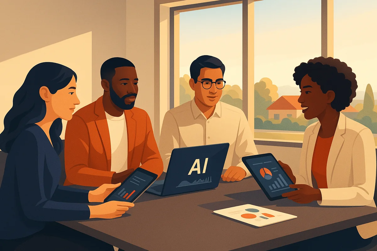 A diverse team in a modern office discussing AI marketing strategies with tablets and laptops