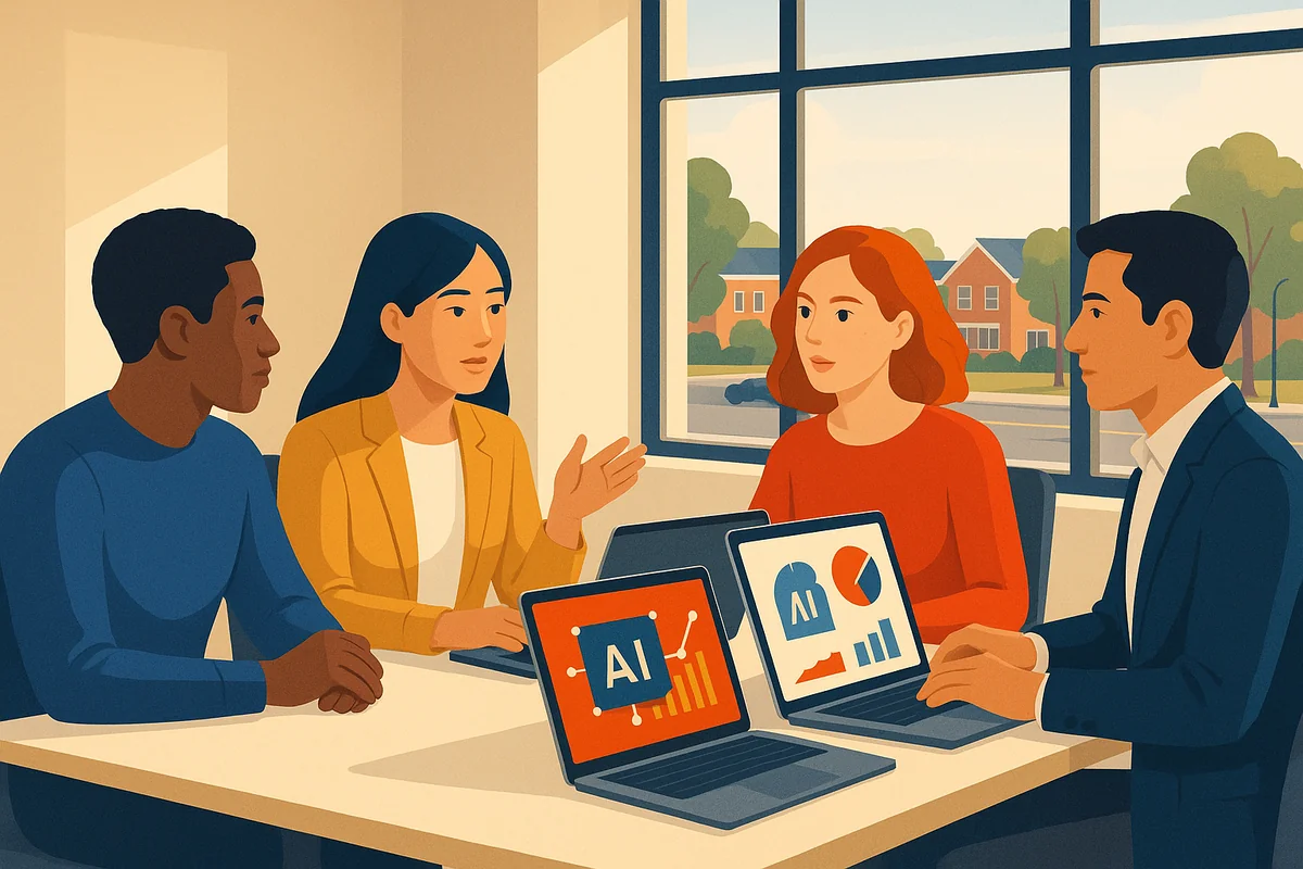 A diverse team collaborating on AI marketing strategies in a bright office setting