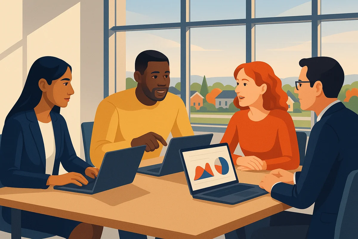 A diverse team analyzing data in a bright modern office, showcasing collaboration in AI marketing