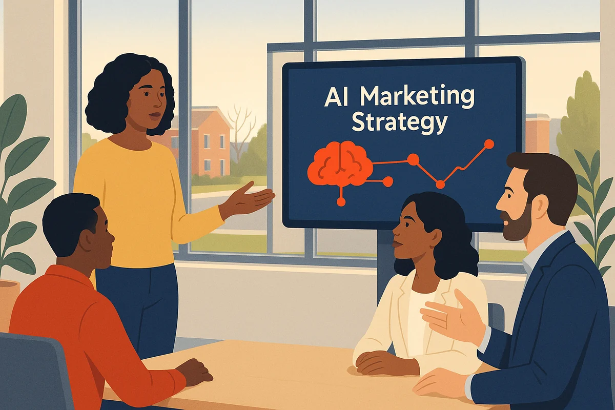 A diverse team discusses AI marketing strategies in a bright, modern office setting