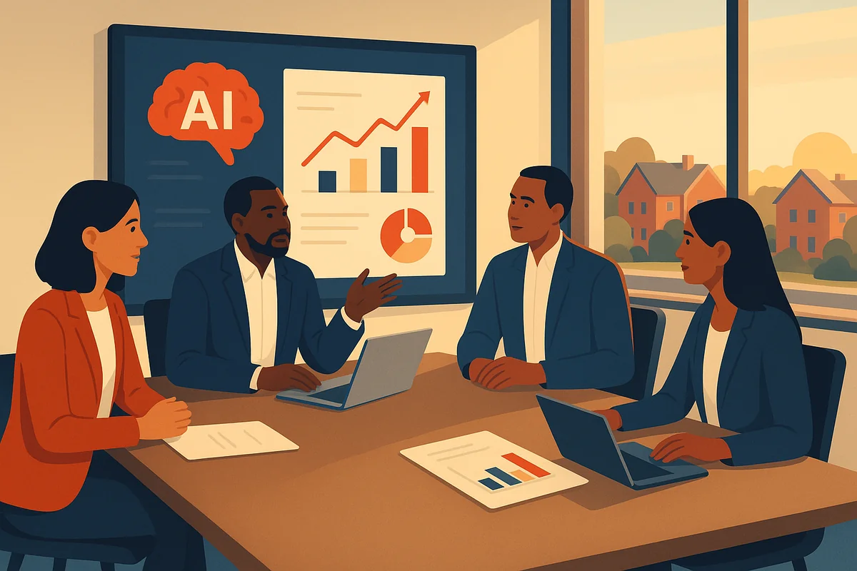 A team of professionals collaborating on AI marketing strategies in a modern office