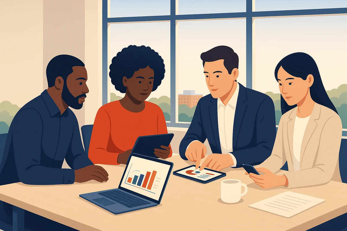Diverse professionals collaborating in a modern office, analyzing data on digital devices